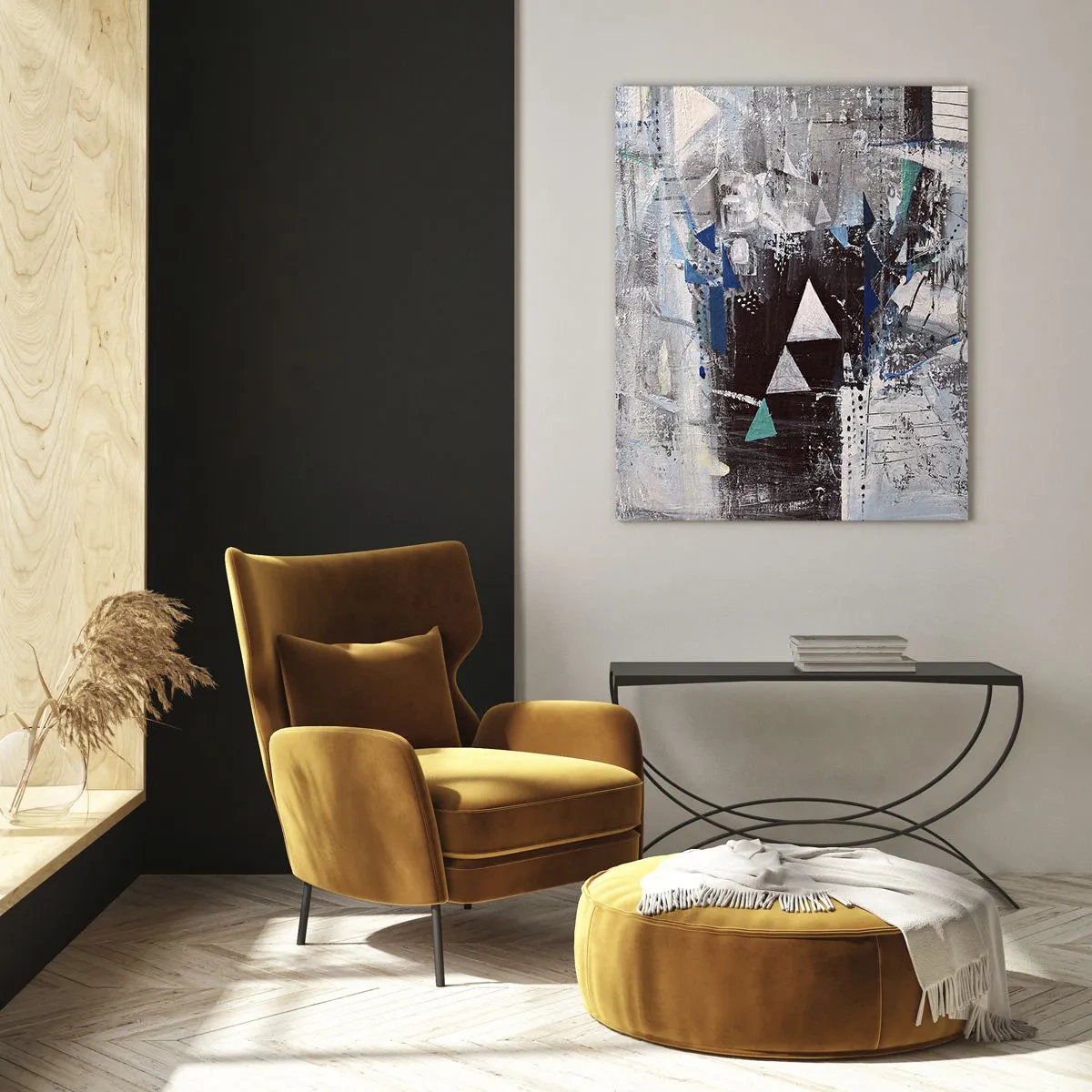 Obraz na szkle - Geometryczne trójkąty na tle abstrakcyjnej kompozycji w szarościach - 50x70cm - Nadrzędny porządek trójkątów - Nowoczesna dekoracja ścienna do salonu, kuchni i sypialni ARTTOR