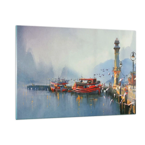 Obraz na szkle - Port z czerwonymi łodziami, latarnią i ptakami na tle gór - 120x80cm - Na końcu świata - Nowoczesna dekoracja ścienna do salonu, kuchni i sypialni ARTTOR