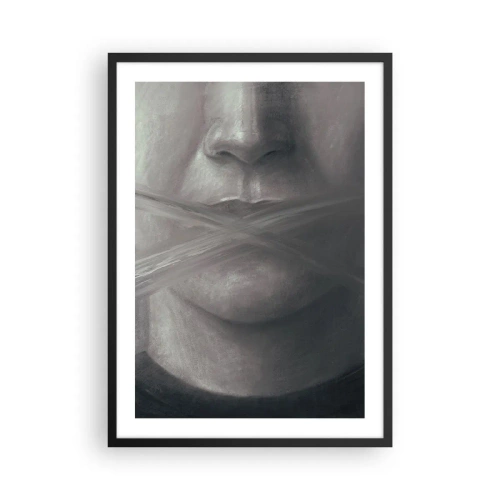 Plakat w czarnej ramie - Symboliczna twarz z zakrytymi ustami w monochromatycznych barwach - 50x70cm - Ani słowa - Nowoczesna dekoracja ścienna do salonu i sypialni ARTTOR