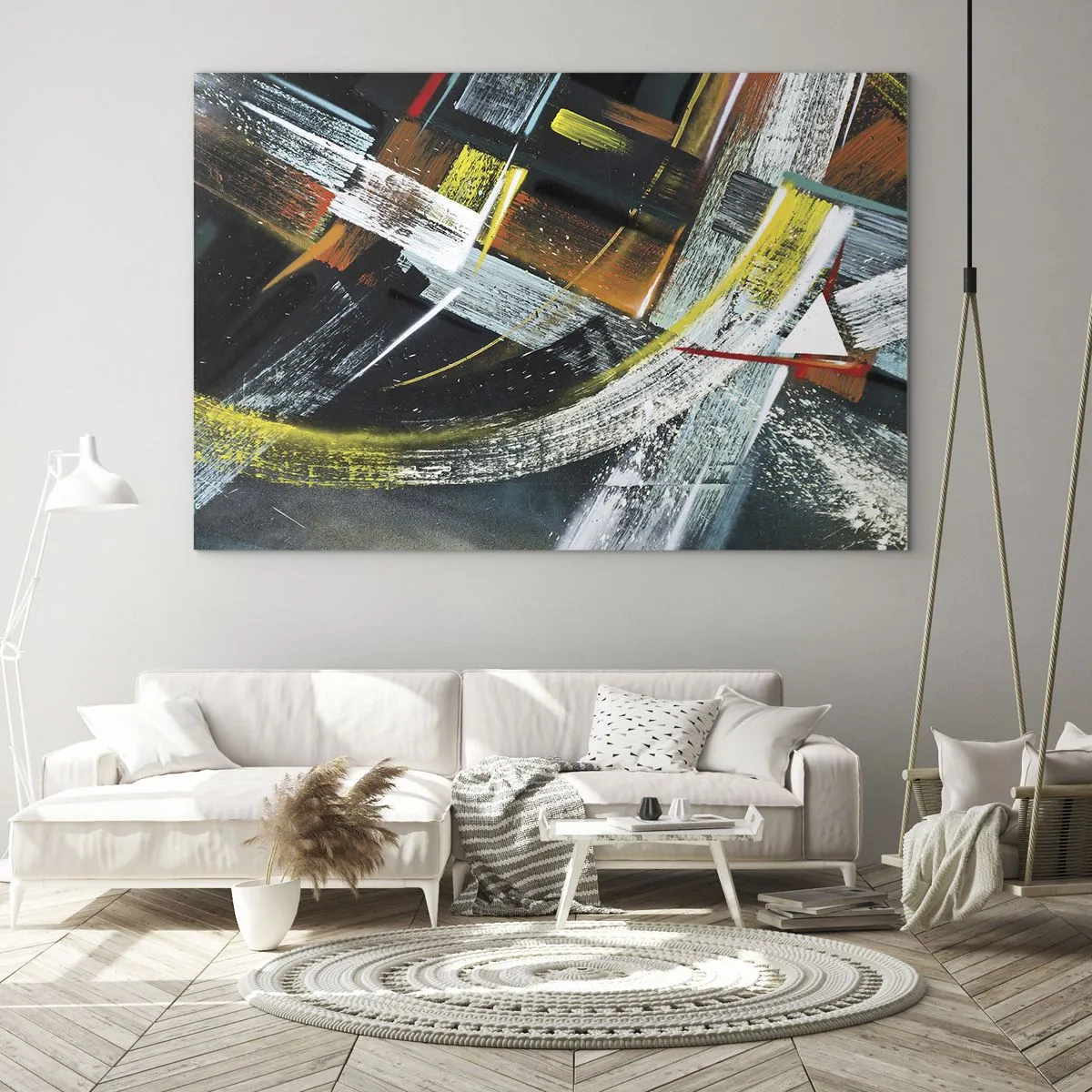 Obraz na szkle - Dynamiczna abstrakcja z kolorowymi pociągnięciami pędzla - 70x50cm - Energia ruchu - Nowoczesna dekoracja ścienna do salonu i sypialni ARTTOR
