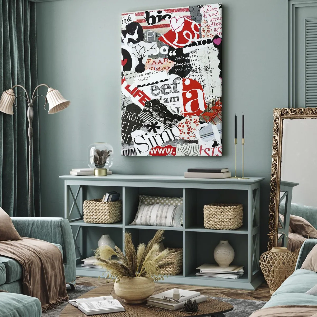 Obraz na płótnie - Kolorowy kolaż z napisami, sercami i grafikami - 70x100cm - Hipsterski kolaż - Nowoczesna dekoracja ścienna do salonu i sypialni ARTTOR