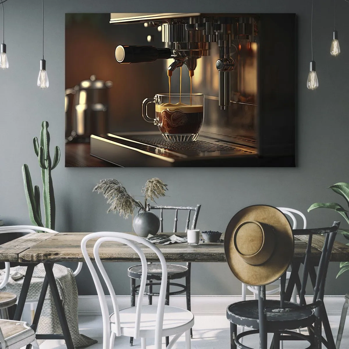 Obraz na płótnie - Ekspres do kawy z filiżanką aromatycznego espresso - 70x50cm - Zmysłowa mikstura - Nowoczesna dekoracja ścienna do salonu i sypialni ARTTOR