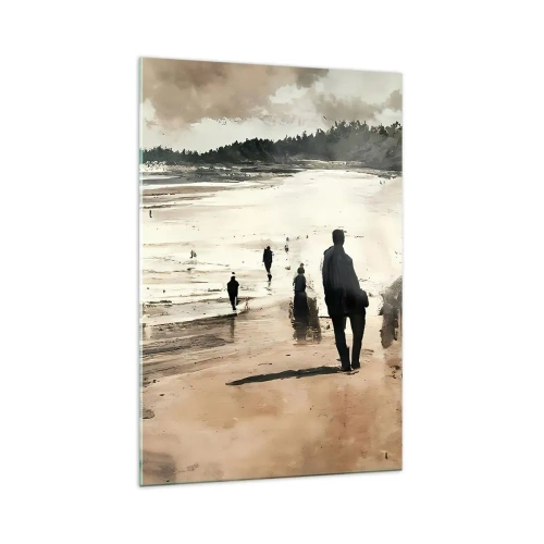 Obraz na szkle - Spacerowicze na plaży w spokojnym pejzażu - 70x100cm - Przywołani - Nowoczesna dekoracja ścienna do salonu i sypialni ARTTOR
