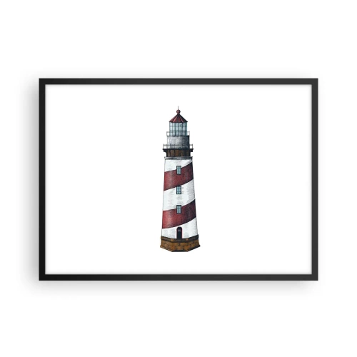 Plakat w czarnej ramie - Rysunkowy obraz latarni morskiej z czerwono-białymi pasami na minimalistycznym tle - 70x50cm - Zawsze na straży - Nowoczesna dekoracja ścienna do salonu i sypialni ARTTOR