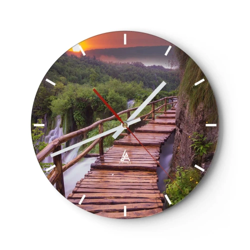 Zegar ścienny - Drewniana kładka nad wodospadami w lesie o zachodzie słońca - 30x30cm - Piękno nie do uwierzenia - Nowoczesna dekoracja ścienna do salonu, kuchni i sypialni ARTTOR