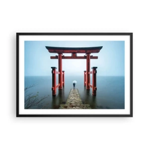 Plakat w czarnej ramie - Brama torii nad spokojnym jeziorem w Japonii - 70x50cm - Japońska zaduma - Nowoczesna dekoracja ścienna do salonu i sypialni ARTTOR