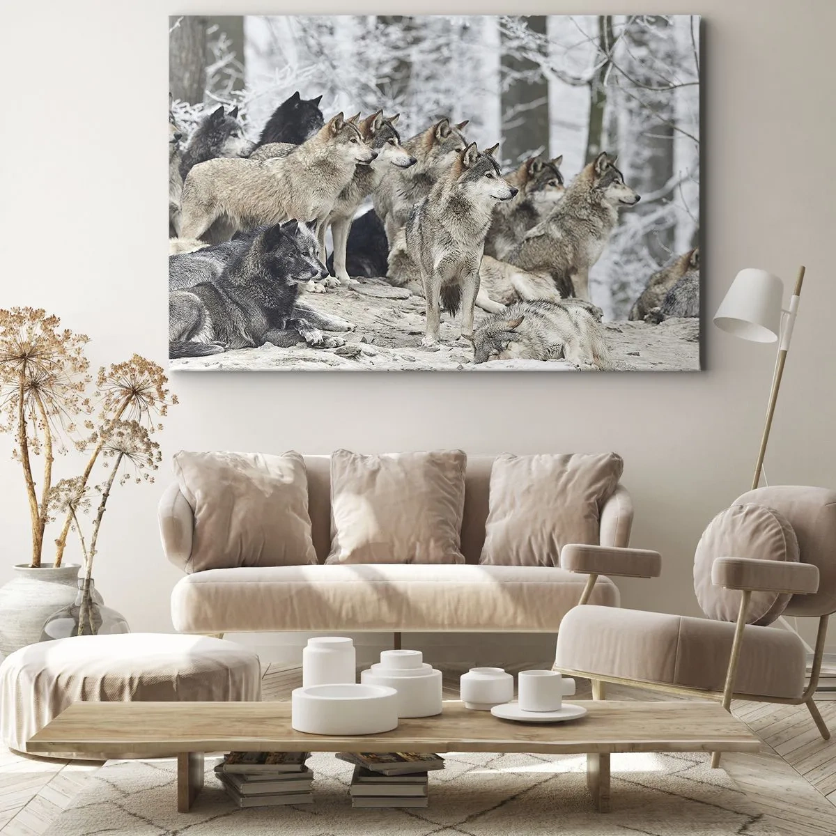 Obraz na płótnie - Stado wilków w zimowym lesie - 70x50cm - Rodzina i przyjaciele - Nowoczesna dekoracja ścienna do salonu i sypialni ARTTOR