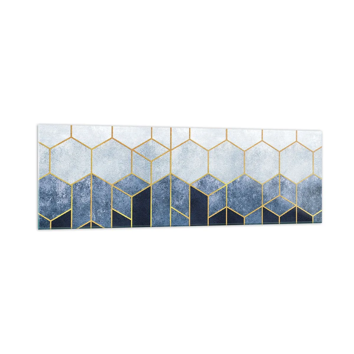 Obraz na szkle - Geometryczny wzór w odcieniach złota i granatu - 160x50cm - Kompozycja w synkopowym rytmie - Nowoczesna dekoracja ścienna do salonu i sypialni ARTTOR