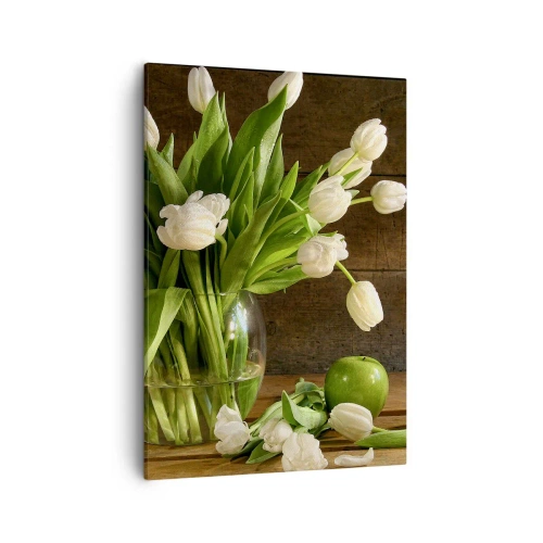 Obraz na płótnie - Bukiet białych tulipanów w szklanym wazonie - 50x70cm - Soczyste i świeże w zieleni i bieli - Nowoczesna dekoracja ścienna do salonu, kuchni i sypialni ARTTOR
