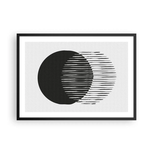 Plakat w czarnej ramie - Dwa nakładające się koła z liniami w czerni i bieli - 70x50cm - Jego alter ego - Nowoczesna dekoracja ścienna do salonu i sypialni ARTTOR