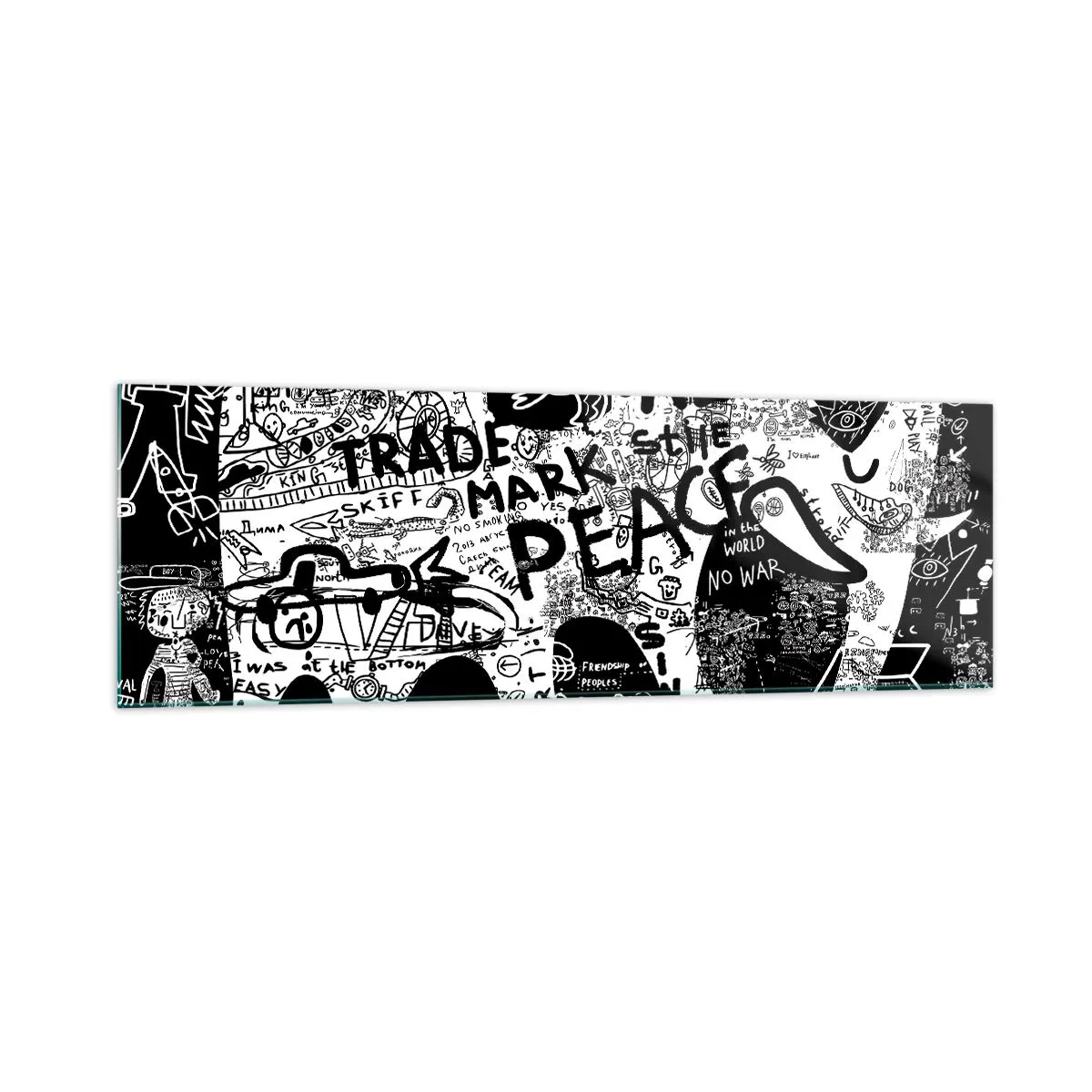 Obraz na szkle - Czarno-biała grafika z motywami graffiti - 160x50cm - Bogaty świat ulicy - Nowoczesna dekoracja ścienna do salonu i sypialni ARTTOR