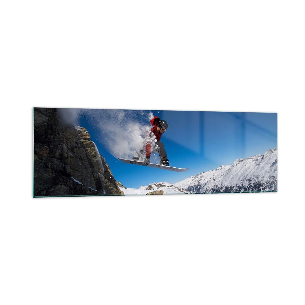 Obraz na szkle - Snowboardzista skaczący ze skały na tle górskiego krajobrazu - 160x50cm - I stałeś się częścią przestrzeni - Nowoczesna dekoracja ścienna do salonu i sypialni ARTTOR