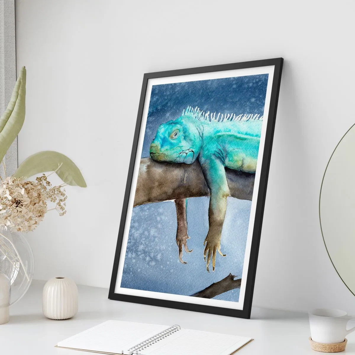 Plakat w czarnej ramie - Akwarelowy obraz legwana odpoczywającego na gałęzi - 50x70cm - Jest dobrze! - Nowoczesna dekoracja ścienna do salonu i sypialni ARTTOR