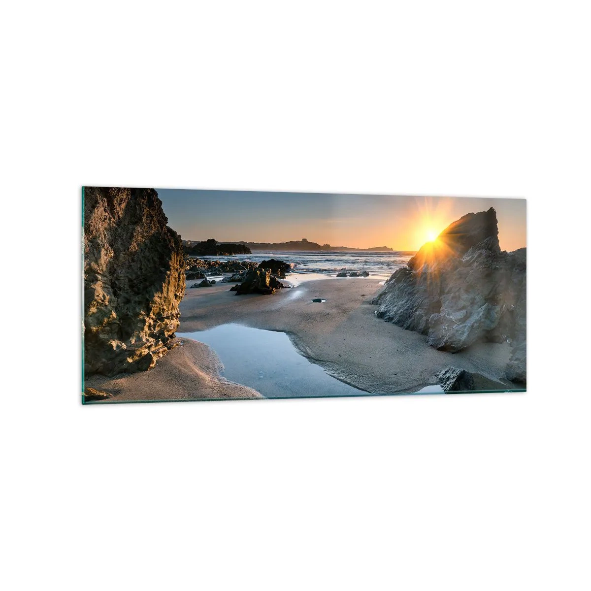 Obraz na szkle - Malowniczy zachód słońca na skalistej plaży - 120x50cm - Nietknięte ludzką ręką - Nowoczesna dekoracja ścienna do salonu i sypialni ARTTOR