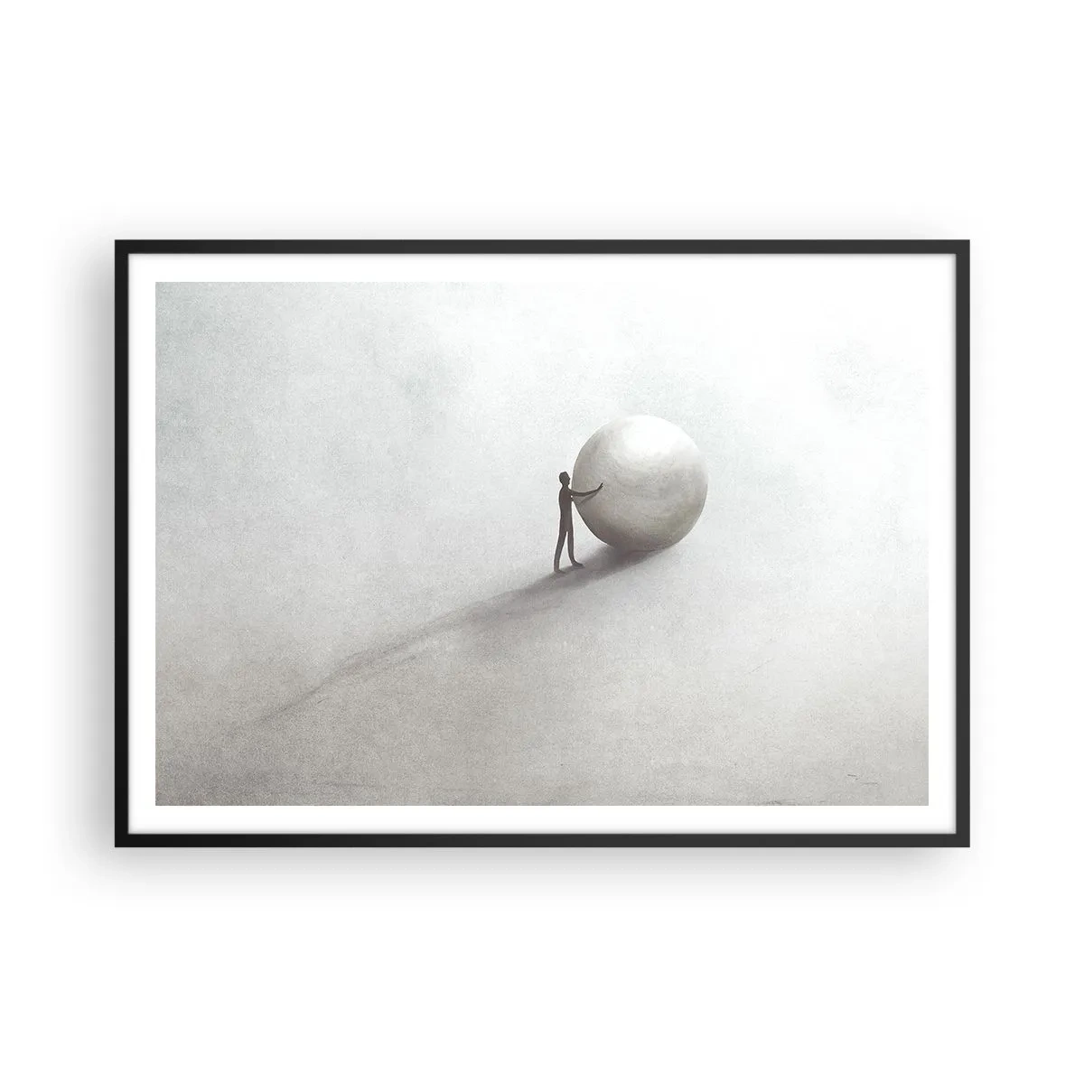 Plakat w czarnej ramie - Minimalistyczna postać z kulą na jasnym, monochromatycznym tle - 100x70cm - Gra życia - Nowoczesna dekoracja ścienna do salonu i sypialni ARTTOR