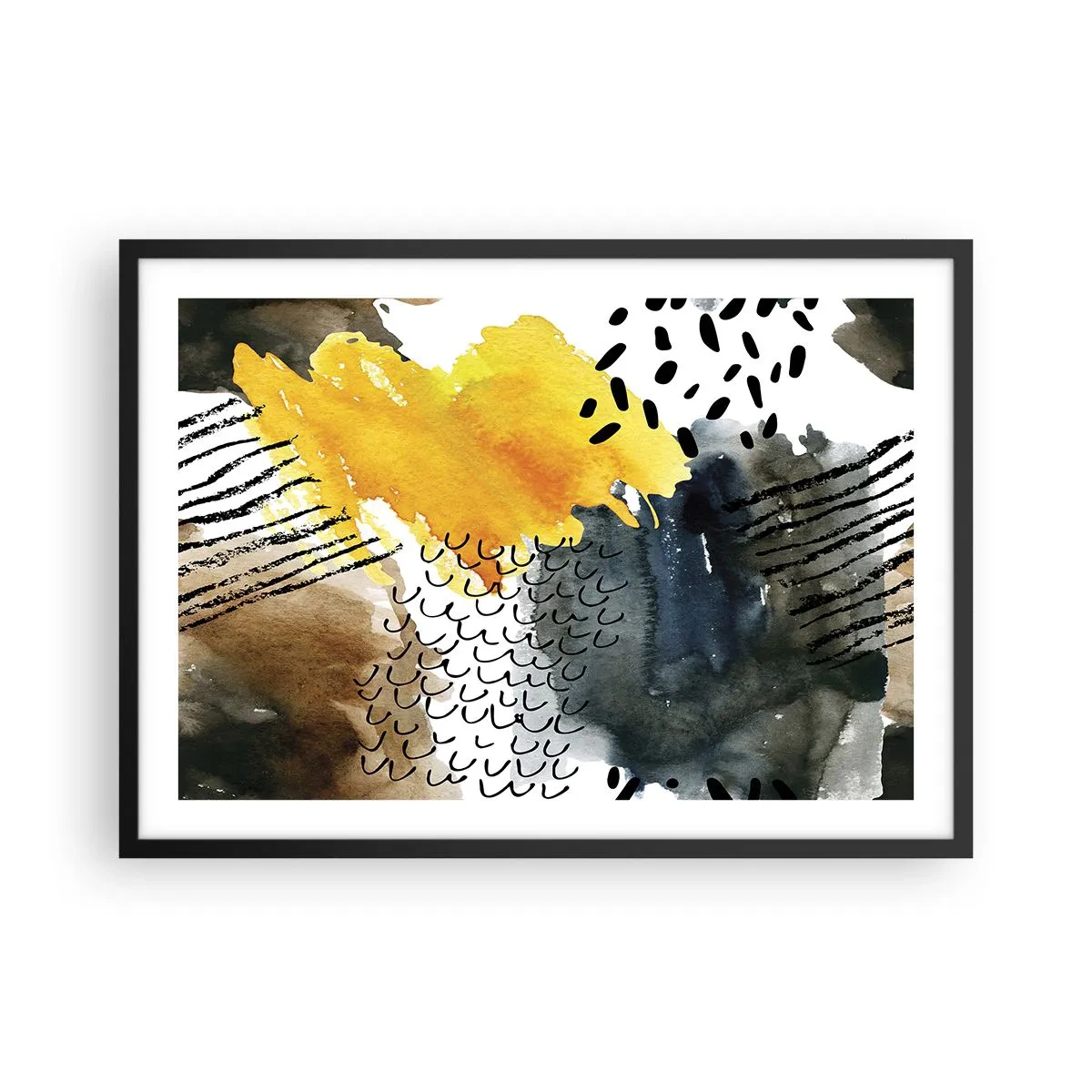 Plakat w czarnej ramie - Abstrakcyjna kompozycja z żółtymi akcentami i graficznymi wzorami - 70x50cm - Spotkanie żywiołów - Nowoczesna dekoracja ścienna do salonu i sypialni ARTTOR