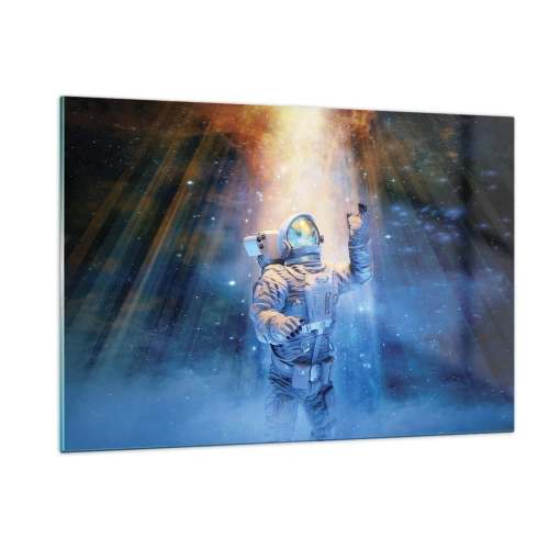 Obraz na szkle - Astronauta w kosmosie oświetlony promieniami światła - 120x80cm - Wreszcie u celu - Nowoczesna dekoracja ścienna do salonu, kuchni i sypialni ARTTOR