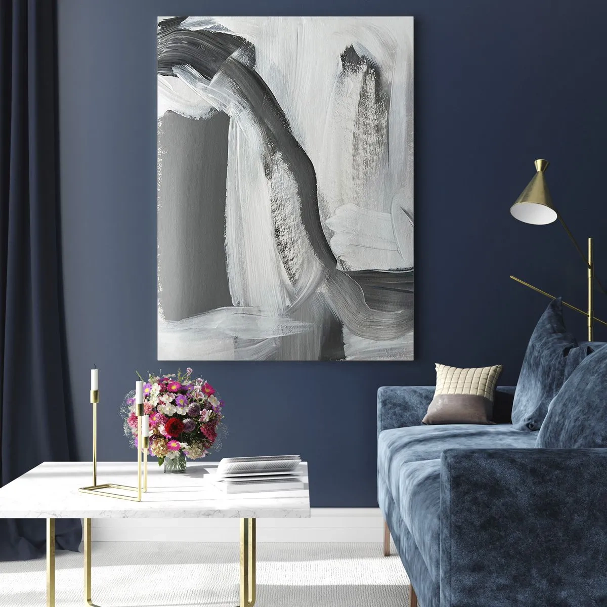 Obraz na szkle - Czarno-biała abstrakcja z dynamicznymi pociągnięciami pędzla - 50x70cm - Zdecydowanym ruchem - Nowoczesna dekoracja ścienna do salonu, kuchni i sypialni ARTTOR