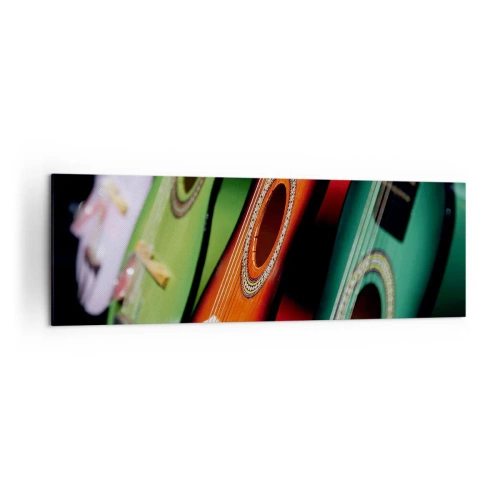 Obraz na płótnie - Kolorowe gitary w różnych odcieniach ułożone w szeregu - 160x50cm - Gitara ma wiele barw - Nowoczesna dekoracja ścienna do salonu i sypialni ARTTOR