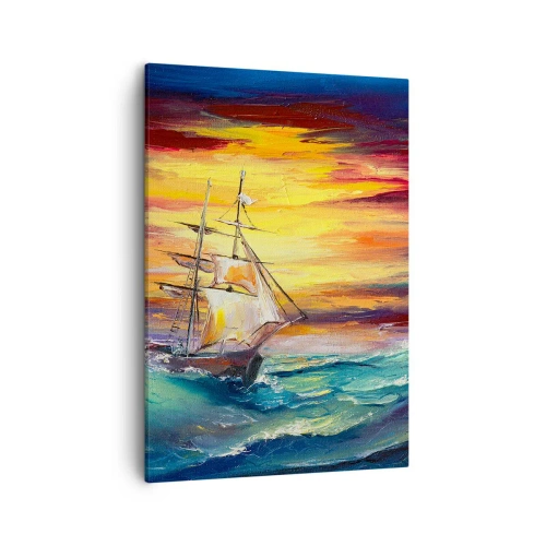 Obraz na płótnie - Żaglowiec na wzburzonym morzu w świetle zachodzącego słońca - 50x70cm - Dzielnie pod fale - Nowoczesna dekoracja ścienna do salonu, kuchni i sypialni ARTTOR