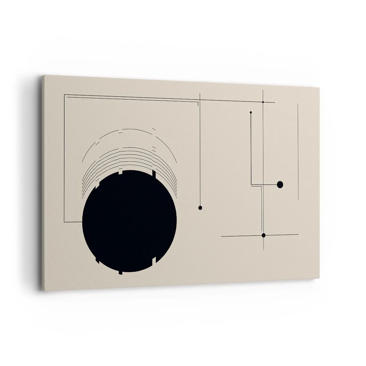 Obraz na płótnie - Czarne geometryczne linie i okrąg na beżowym tle - 120x80cm - Sprężysta i dynamiczna kompozycja - Nowoczesna dekoracja ścienna do salonu, kuchni i sypialni ARTTOR