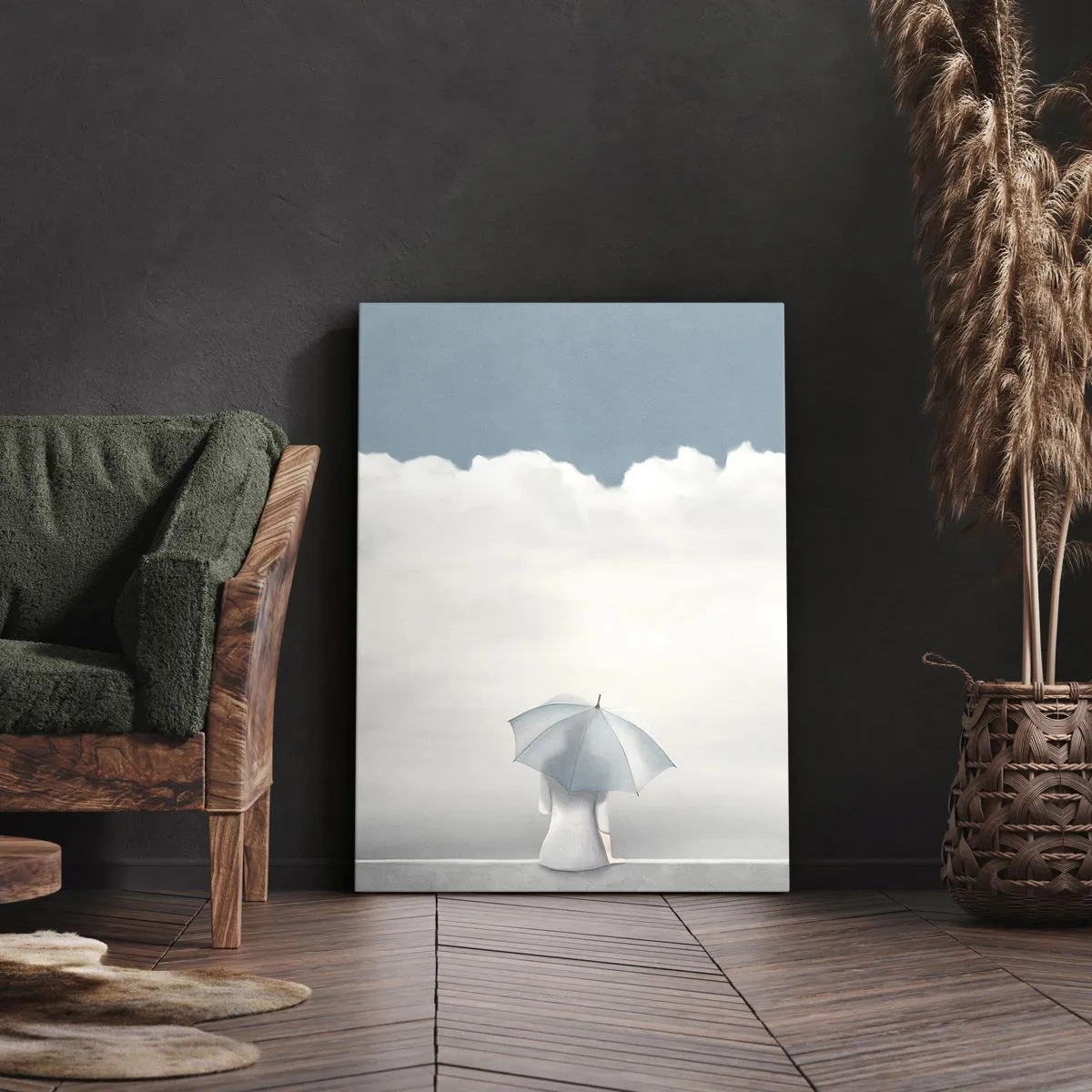 Obraz na płótnie - Postać z jasnym parasolem siedząca na krawędzi chmur - 50x70cm - Na krawędzi jawy i marzenia - Nowoczesna dekoracja ścienna do salonu, kuchni i sypialni ARTTOR