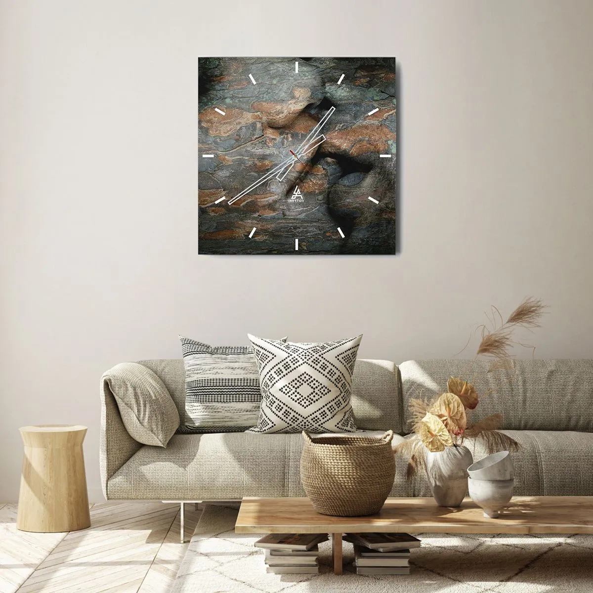 Zegar ścienny - Artystyczny motyw twarzy wyrzeźbionej w skale z efektem naturalnej faktury - 30x30cm - Na zawsze razem - Nowoczesna dekoracja ścienna do salonu i sypialni ARTTOR