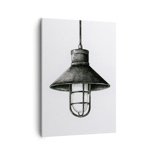 Obraz na płótnie - Czarno-biały rysunek industrialnej lampy wiszącej na jasnym tle - 50x70cm - Jak przed laty… - Nowoczesna dekoracja ścienna do salonu, kuchni i sypialni ARTTOR