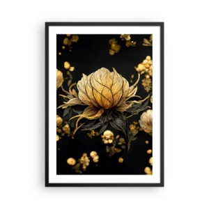 Plakat w czarnej ramie - Złoty kwiat na czarnym tle w eleganckiej kompozycji - 50x70cm - Subtelna kruchość - Nowoczesna dekoracja ścienna do salonu i sypialni ARTTOR