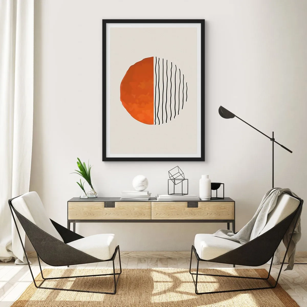 Plakat w czarnej ramie - Abstrakcyjny okrąg z pomarańczową i liniową połówką - 50x70cm - W japońskim klimacie - Nowoczesna dekoracja ścienna do salonu i sypialni ARTTOR