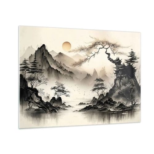 Obraz na szkle - Orientalny pejzaż górski z pagodą i drzewami - 70x50cm - Niepowtarzalny urok orientu - Nowoczesna dekoracja ścienna do salonu i sypialni ARTTOR