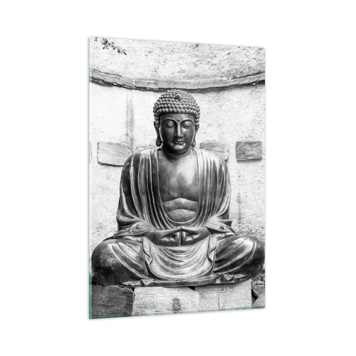 Obraz na szkle - Czarno-biała statua Buddy w medytacyjnej pozie - 50x70cm - U źródeł spokoju - Nowoczesna dekoracja ścienna do salonu, kuchni i sypialni ARTTOR