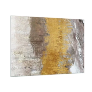 Obraz na szkle - Złote i ziemiste struktury tworzące dynamiczną abstrakcję - 100x70cm - Złocisty podmuch - Nowoczesna dekoracja ścienna do salonu, kuchni i sypialni ARTTOR