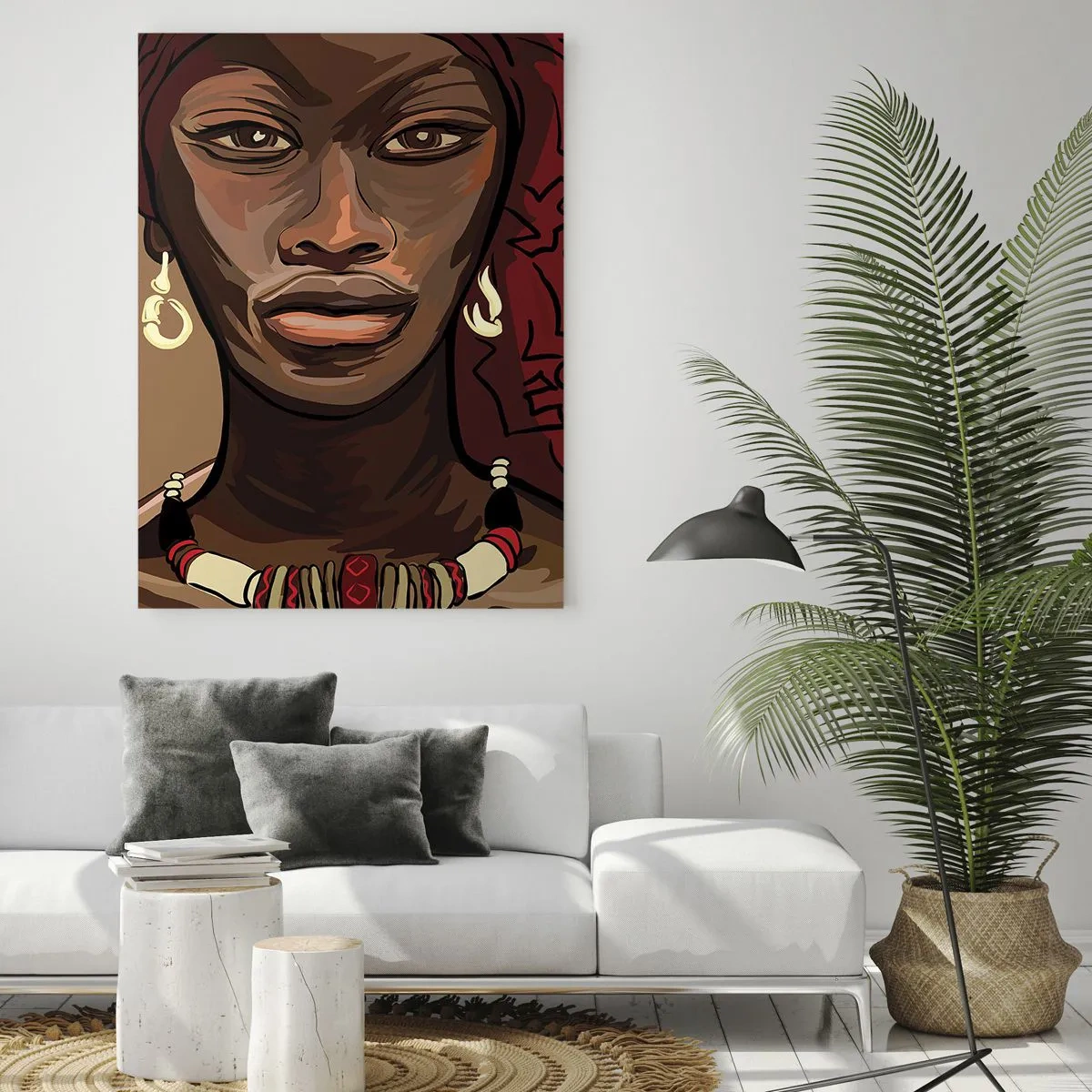 Obraz na szkle - Stylizowany portret kobiety w czerwonym turbanie z biżuterią - 50x70cm - Hebanowa Wenus - Nowoczesna dekoracja ścienna do salonu, kuchni i sypialni ARTTOR