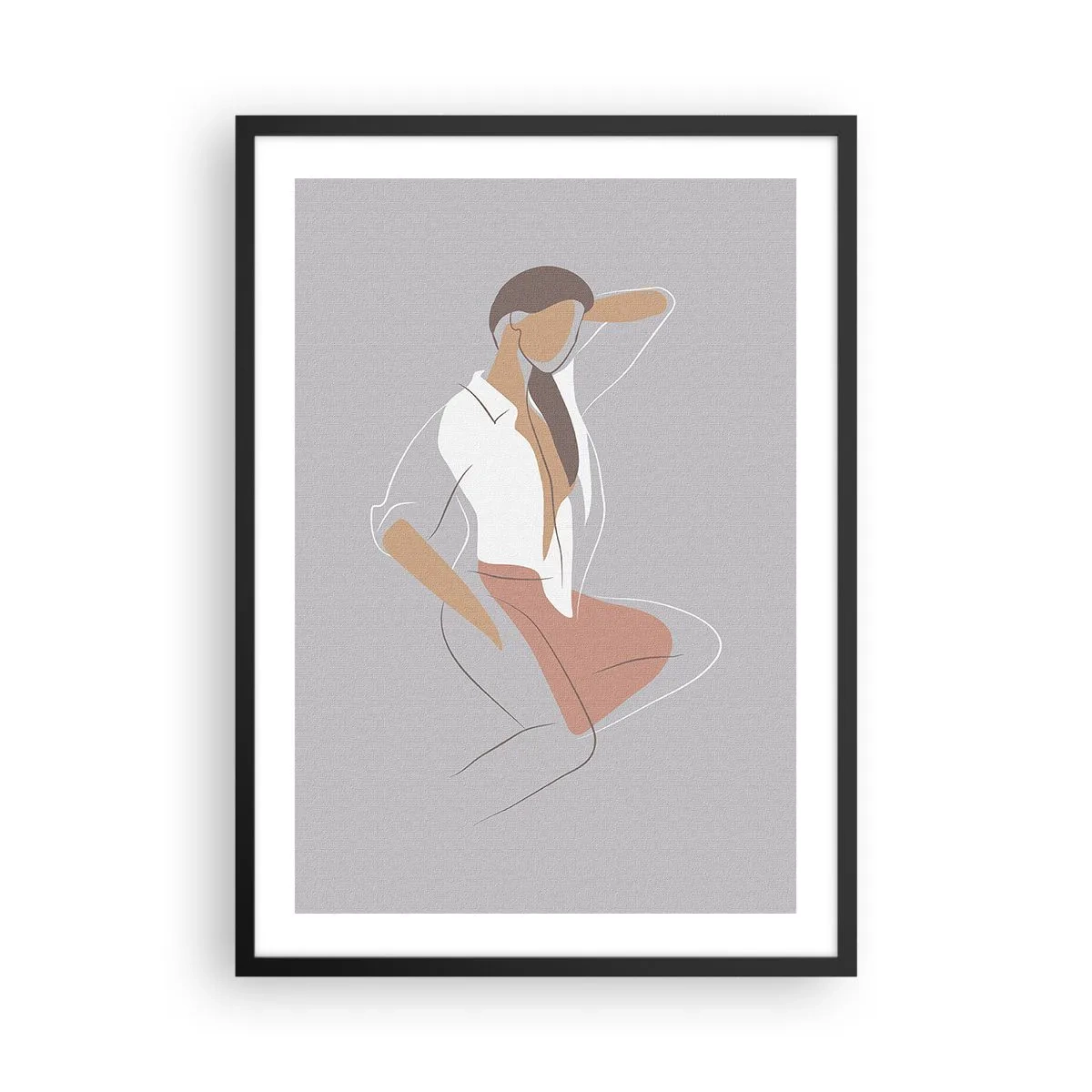 Plakat w czarnej ramie - Minimalistyczna sylwetka kobiety na szarym tle - 50x70cm - Zarys wdzięku - Nowoczesna dekoracja ścienna do salonu i sypialni ARTTOR