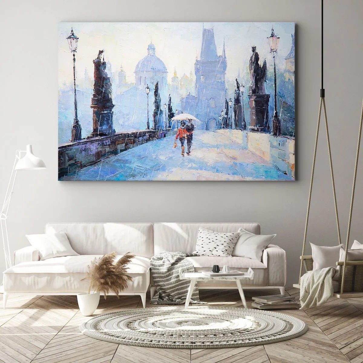 Obraz na płótnie - Romantyczna para na moście w deszczu, malarska scena - 70x50cm - Nas zaczarować musiał deszcz - Nowoczesna dekoracja ścienna do salonu i sypialni ARTTOR