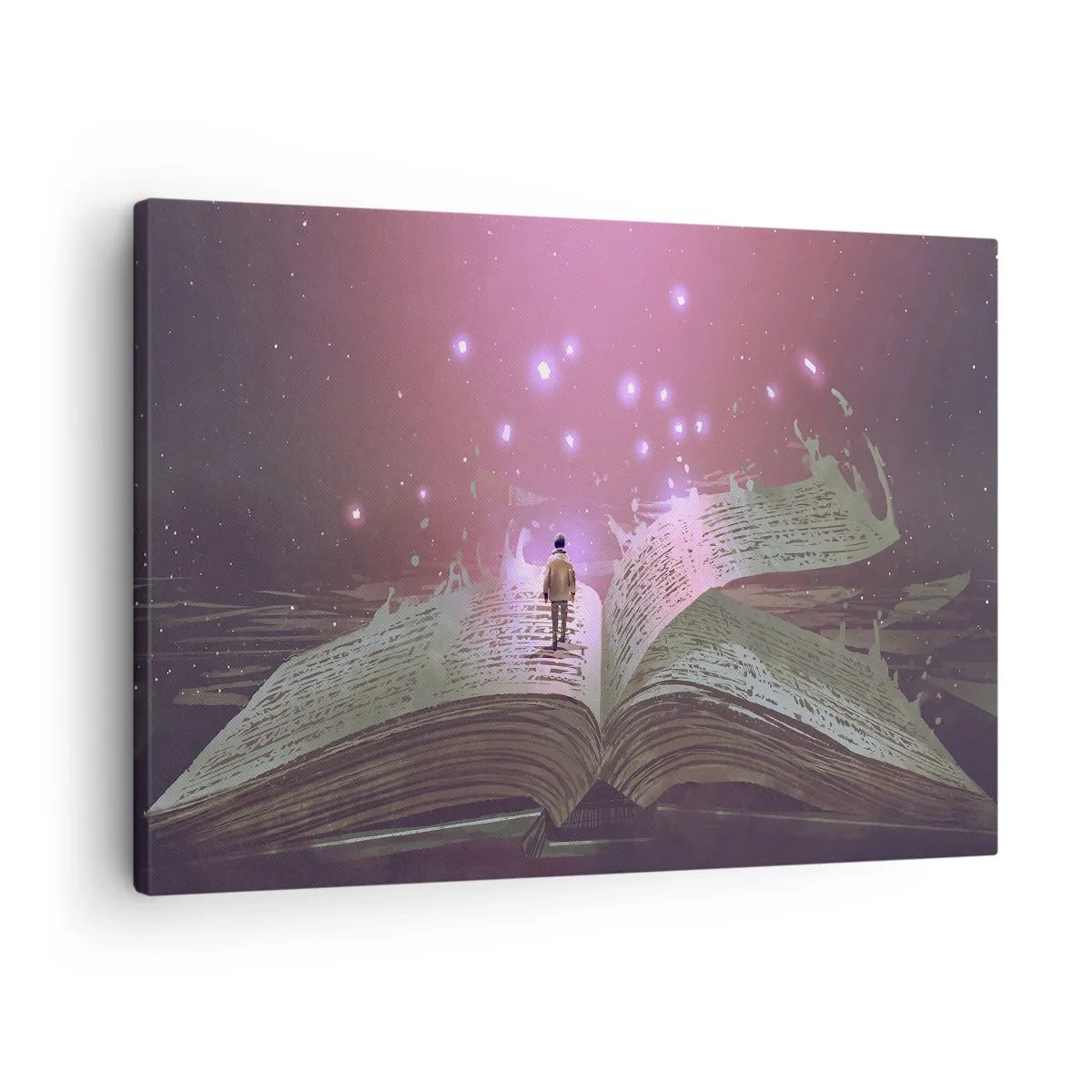 Obraz na płótnie - Postać wchodząca na otwartą książkę w magicznym świetle - 70x50cm - Zaproszenie do innego świata - przeczytaj! - Nowoczesna dekoracja ścienna do salonu i sypialni ARTTOR