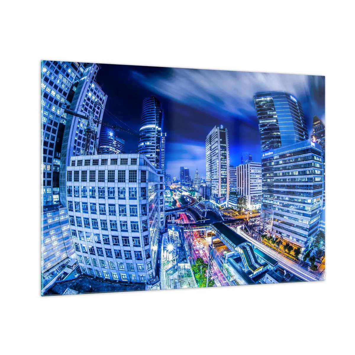 Obraz na szkle - Panorama nowoczesnego miasta nocą z jasnymi światłami - 100x70cm - Rytmy nocnego miasta - Nowoczesna dekoracja ścienna do salonu, kuchni i sypialni ARTTOR