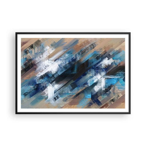 Plakat w czarnej ramie - Abstrakcyjna kompozycja z błękitnymi ukośnymi liniami - 100x70cm - Po błękitnym skosie - Nowoczesna dekoracja ścienna do salonu i sypialni ARTTOR