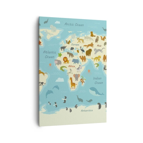 Obraz na płótnie - Mapa świata z ilustracjami zwierząt - 70x100cm - Dobrzy sąsiedzi - Nowoczesna dekoracja ścienna do salonu i sypialni ARTTOR