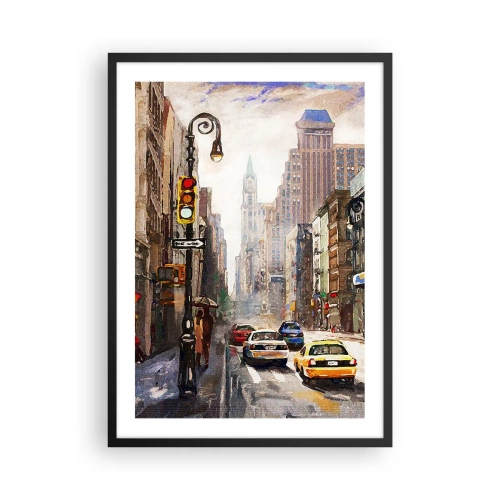 Plakat w czarnej ramie - Miejska ulica z samochodami i sygnalizacją świetlną - 50x70cm - Nowy Jork – w deszczu tez kolorowy - Nowoczesna dekoracja ścienna do salonu i sypialni ARTTOR