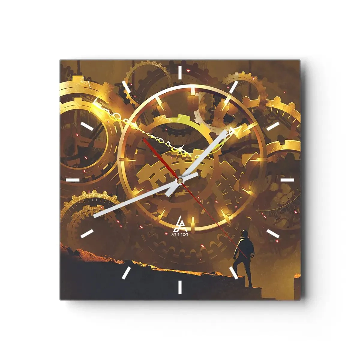 Zegar ścienny - Złote zębate koła w surrealistycznej scenerii z postacią - 30x30cm - U źródeł czasu - Nowoczesna dekoracja ścienna do salonu i sypialni ARTTOR