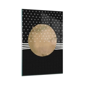 Obraz na szkle - Abstrakcyjny złoty okrąg na czarnym tle z geometrycznymi wzorami - 80x120cm - Kompozycja: flaga galaktyki - Nowoczesna dekoracja ścienna do salonu i sypialni ARTTOR