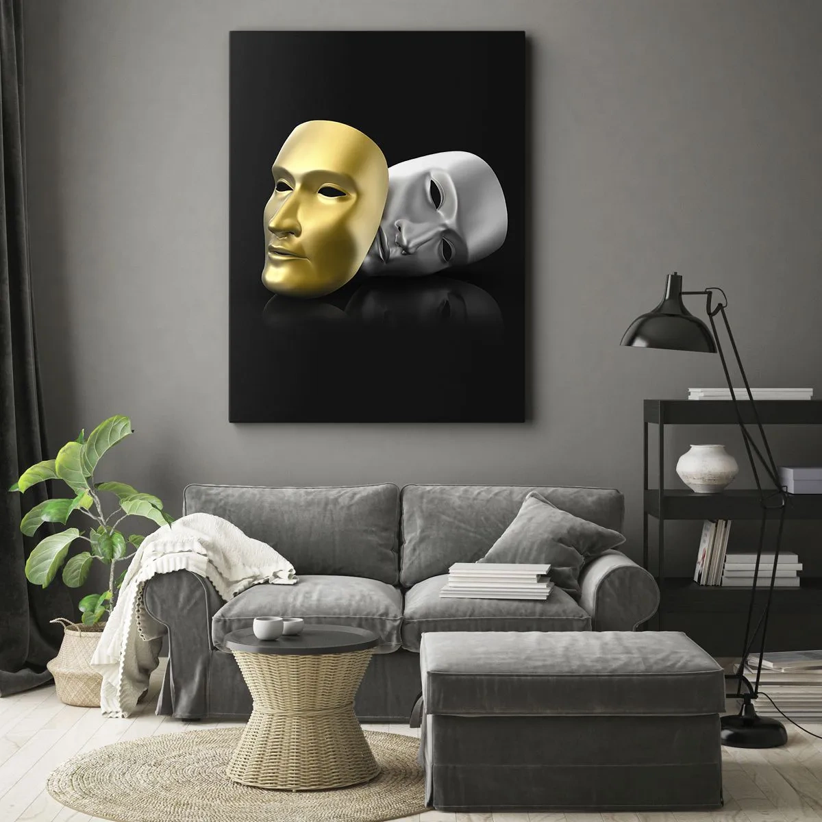 Obraz na płótnie - Złota i srebrna maska na czarnym tle - 50x70cm - Życie to jest teatr - Nowoczesna dekoracja ścienna do salonu, kuchni i sypialni ARTTOR