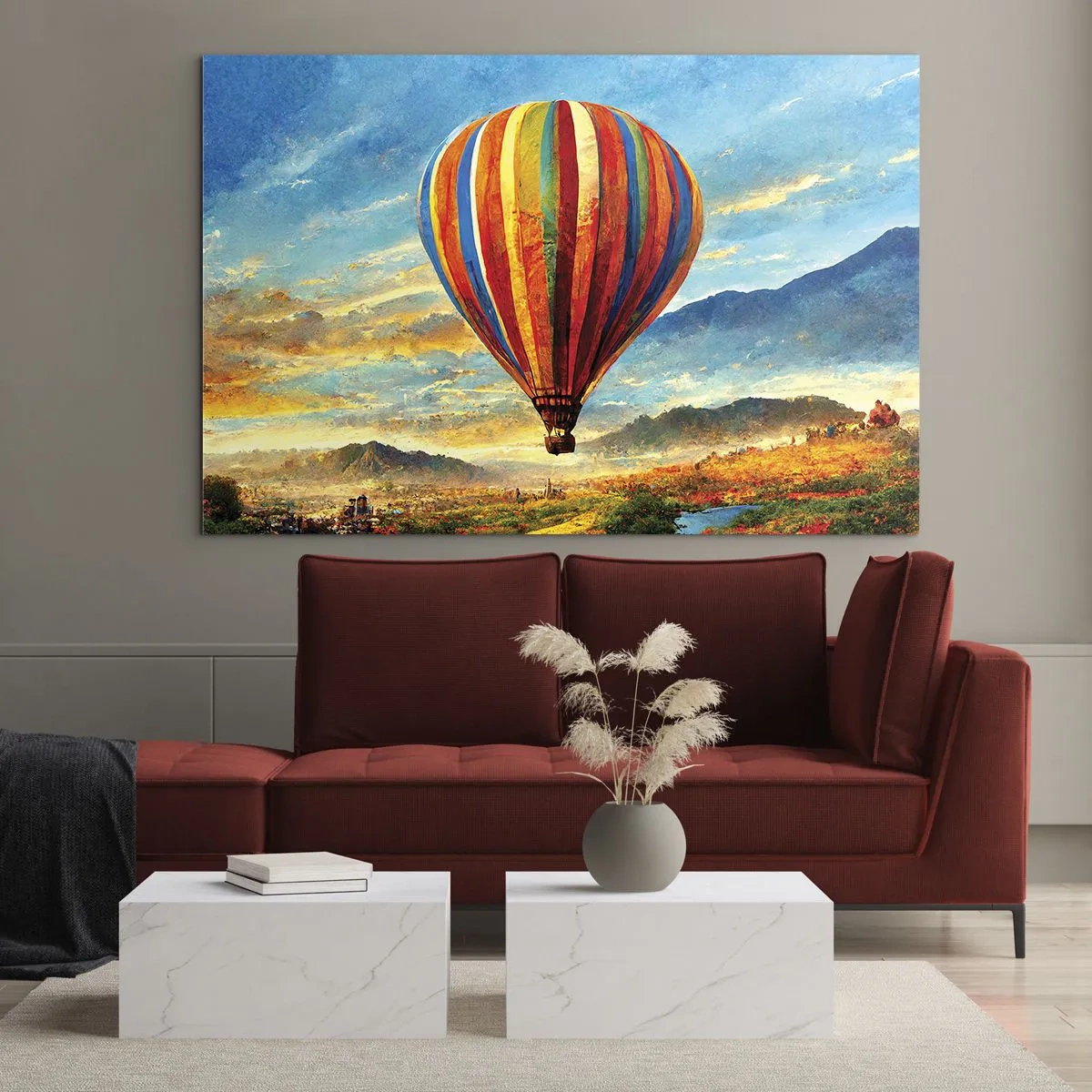 Obraz na szkle - Kolorowy balon unoszący się nad górskim krajobrazem - 70x50cm - W ciszy widać więcej - Nowoczesna dekoracja ścienna do salonu i sypialni ARTTOR