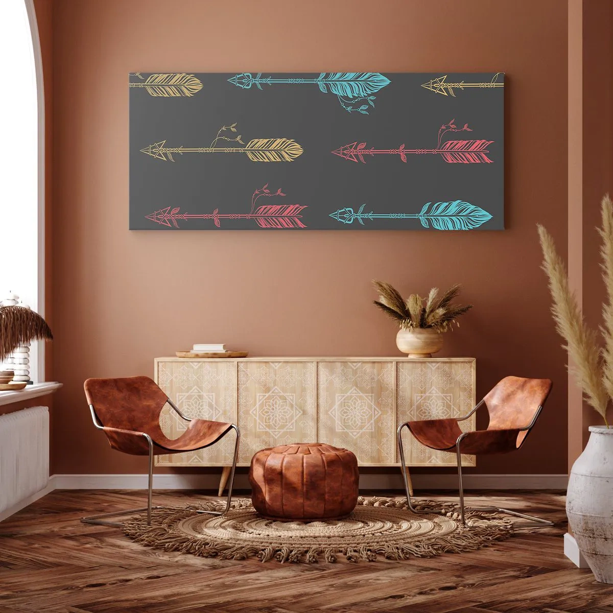 Obraz na płótnie - Stylizowany wzór strzał w pastelowych kolorach na ciemnym tle - 140x50cm - W ordynku - Nowoczesna dekoracja ścienna do salonu i sypialni ARTTOR