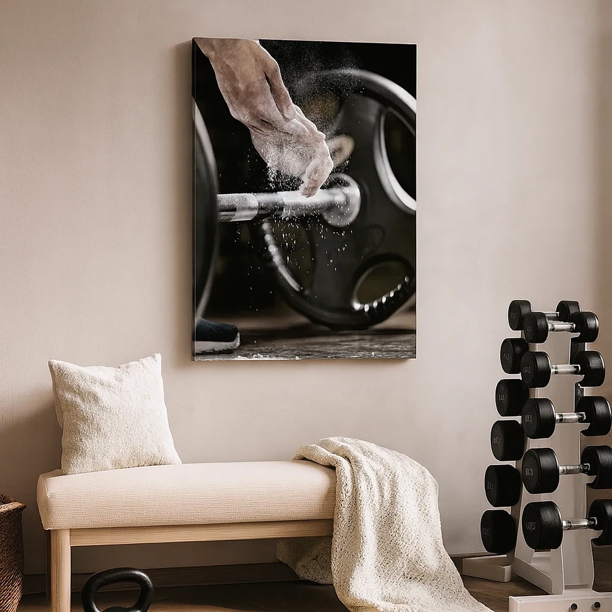 Obraz na płótnie - Siłownia i trening siłowy – przygotowanie do podnoszenia ciężarów - 50x70cm - Wyzwanie podjęte! - Nowoczesna dekoracja ścienna do salonu, kuchni i sypialni ARTTOR