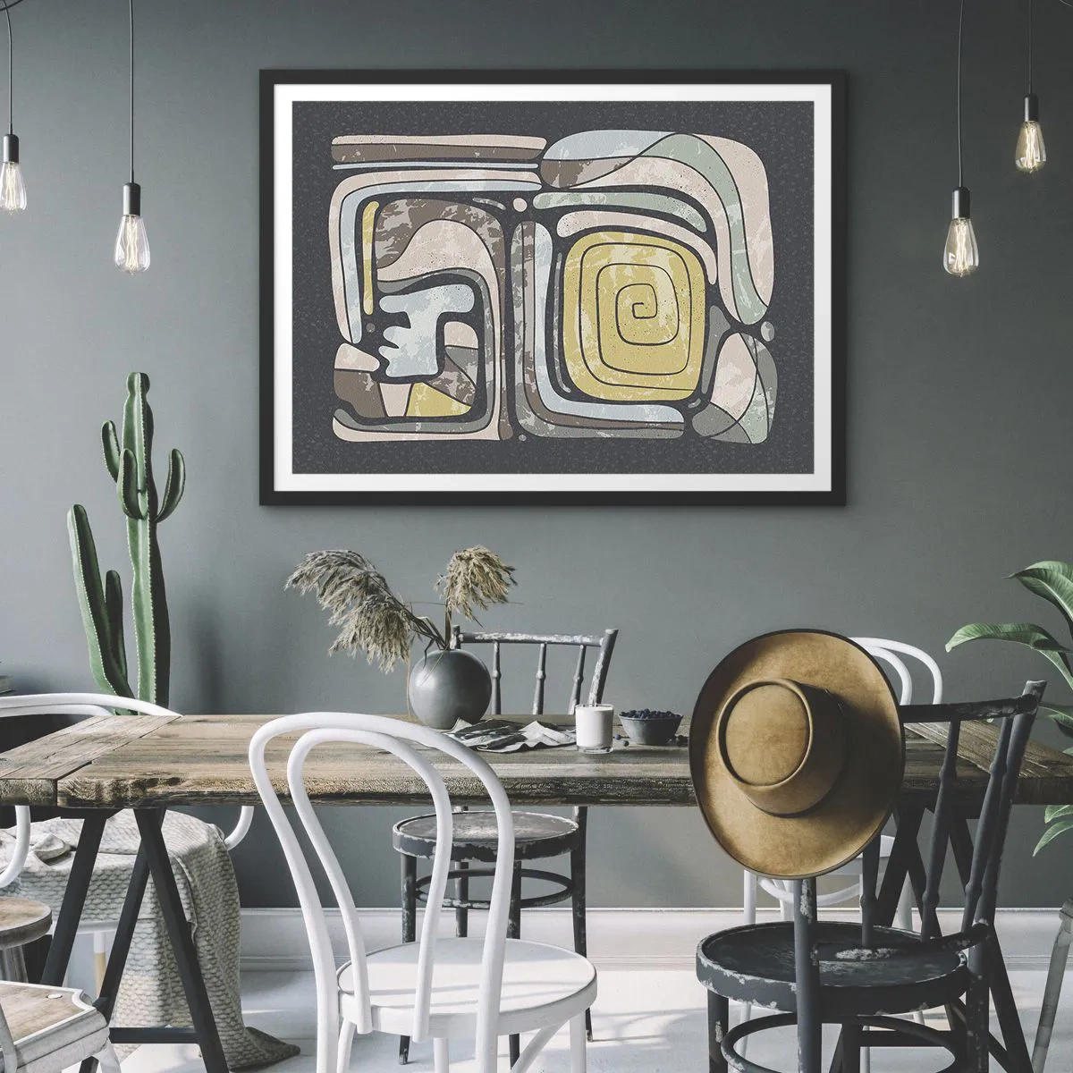 Plakat w czarnej ramie - Prekolumbijskie wzory w pastelowych kolorach na ciemnym tle - 70x50cm - Abstrakcja w duchu prekolumbijskim - Nowoczesna dekoracja ścienna do salonu i sypialni ARTTOR