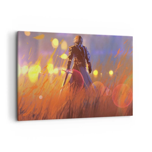 Obraz na płótnie - Postać rycerza w świetle zachodzącego słońca w polu - 100x70cm - Błędny rycerz - Nowoczesna dekoracja ścienna do salonu, kuchni i sypialni ARTTOR