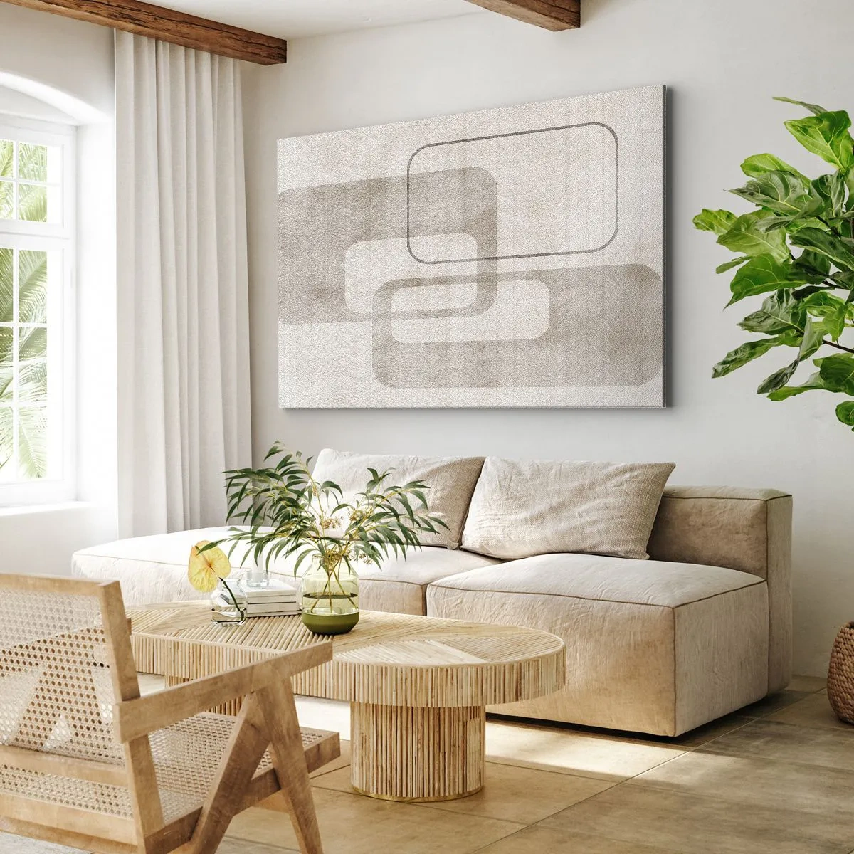 Obraz na płótnie - Minimalistyczna kompozycja z prostokątami w beżowych odcieniach na subtelnym tle - 70x50cm - Geometryczna fuga - Nowoczesna dekoracja ścienna do salonu i sypialni ARTTOR